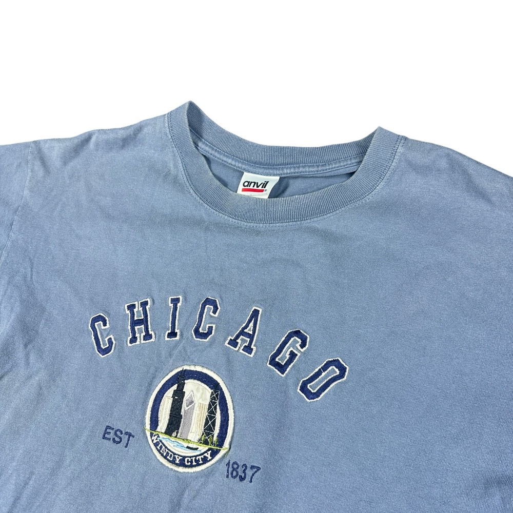 Vintage Anvil Chicago Windy City Embroidered T-Shirt Blue Boxy Fit Large